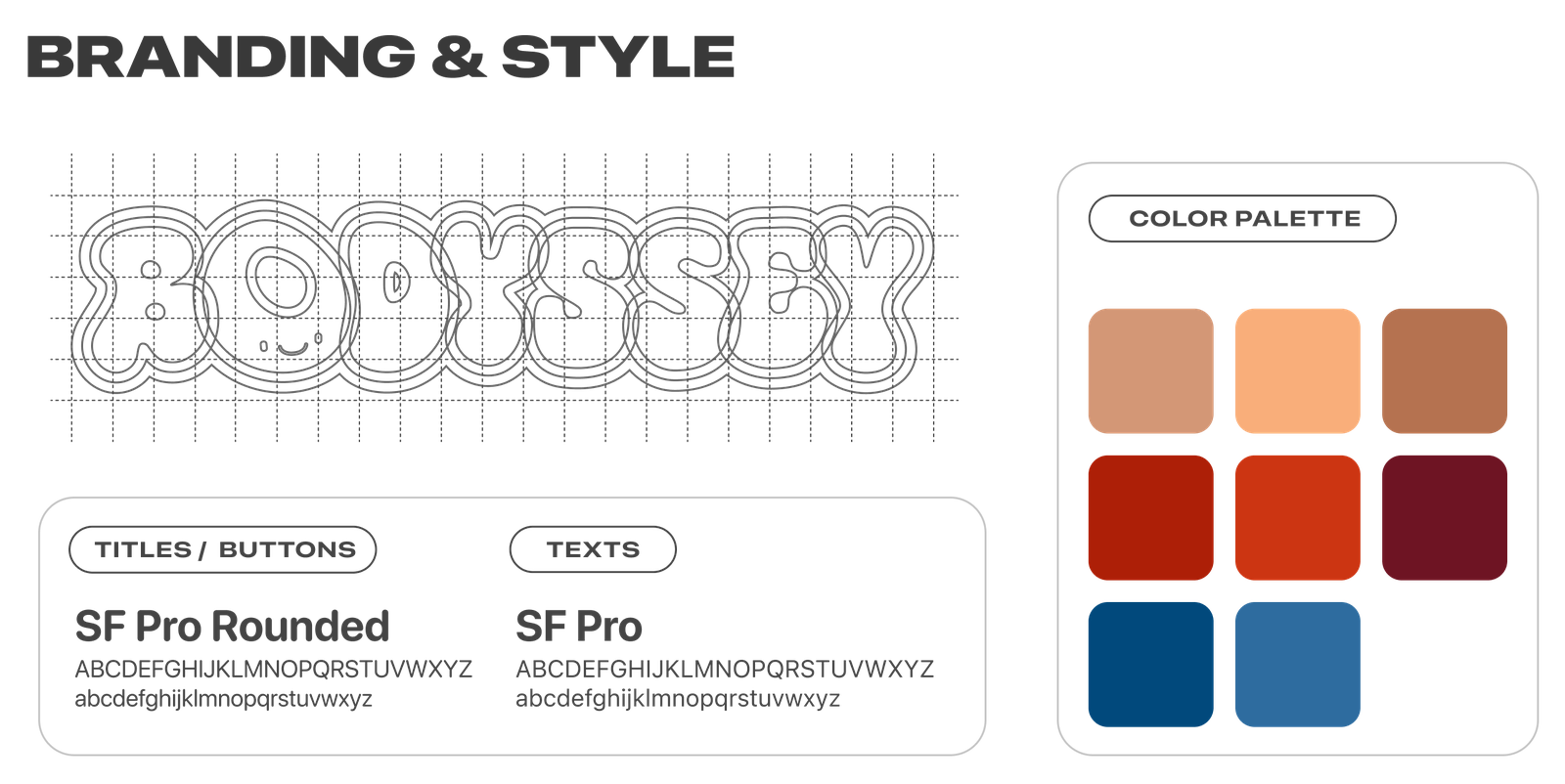 Bodyssey branding and style: logo construction grid, title and body typefaces, and color palette