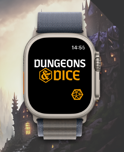 Apple Watch Ultra on a wrist showing the Dungeons & Dice splash screen over a fantasy castle background