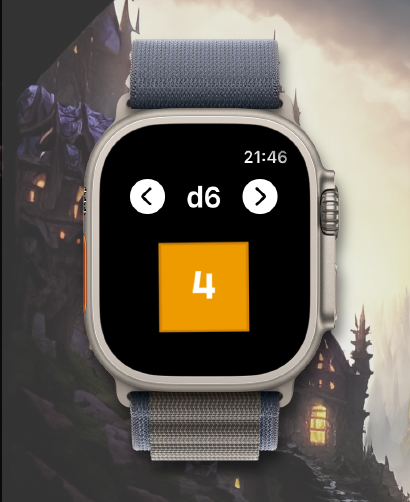 Apple Watch showing the d6 selected with a result of 4