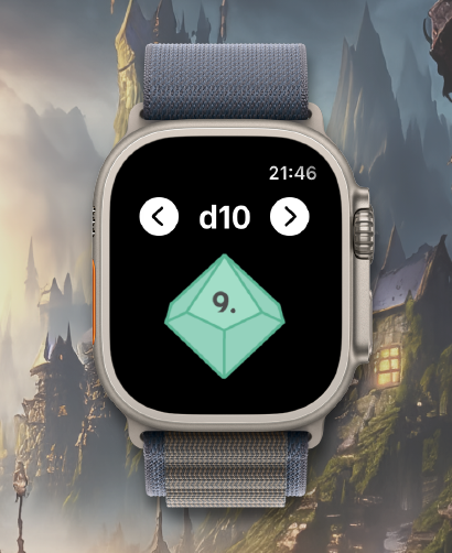 Apple Watch showing the d10 selected with a result of 9