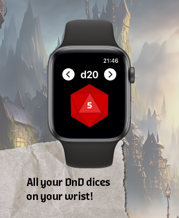 Apple Watch showing the d20 selected with a result of 5, captioned 'All your DnD dices on your wrist!'