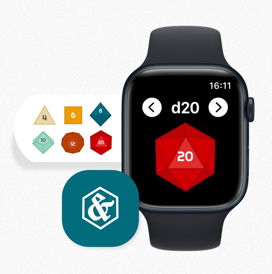 Overview of the app: the six dice types (d4, d6, d8, d10, d12, d20), the app icon, and an Apple Watch showing the d20 selected with a result of 20
