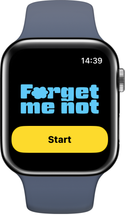 Apple Watch showing the Forget me not start screen with a Start button