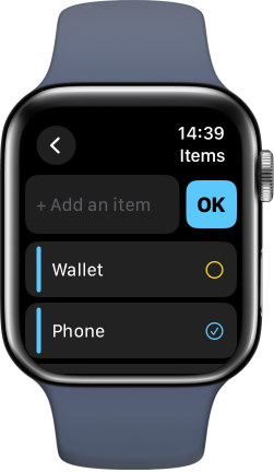 Apple Watch showing the items checklist with Wallet unchecked and Phone checked off