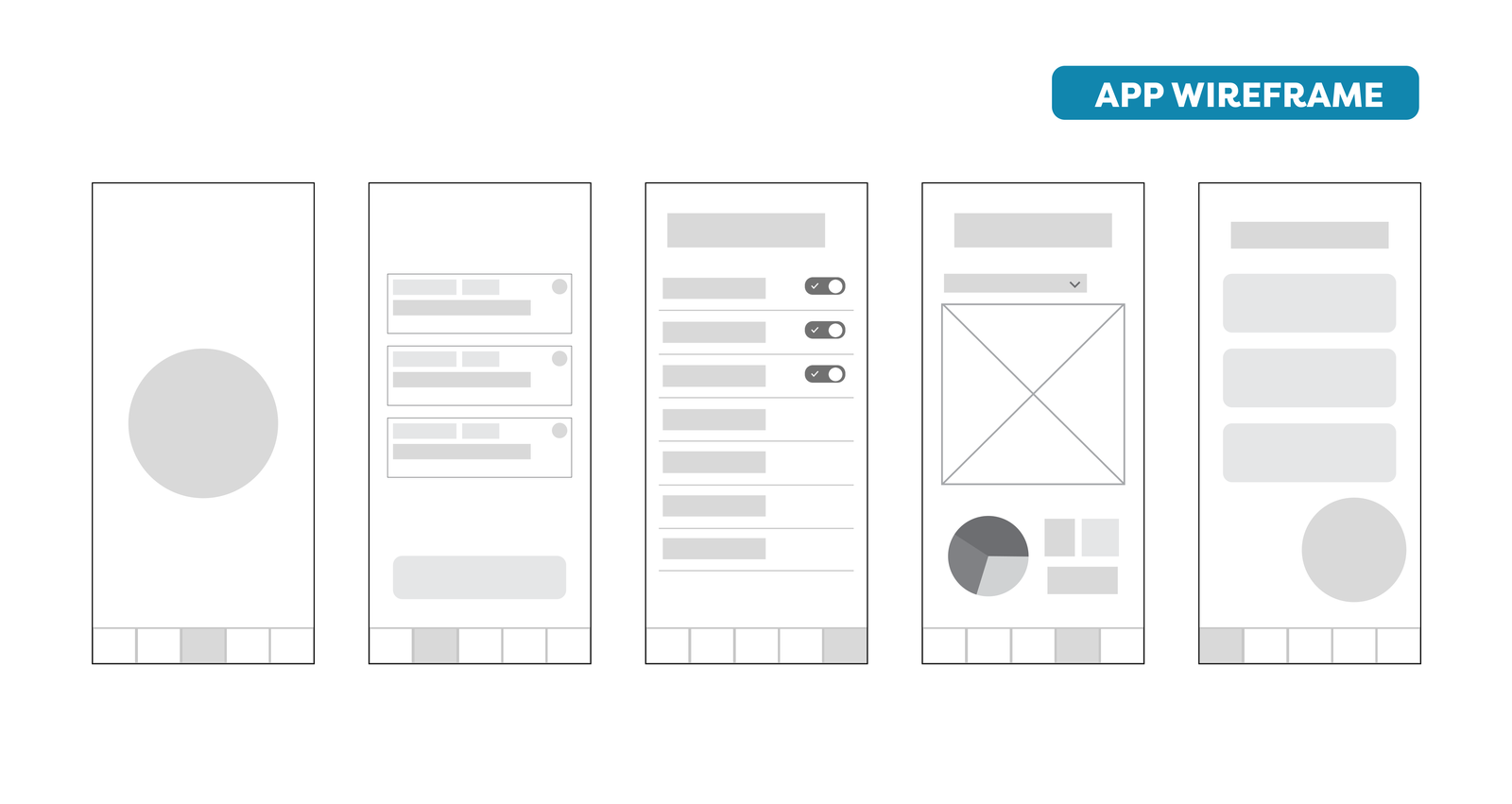Companion app wireframe screens, low-fidelity
