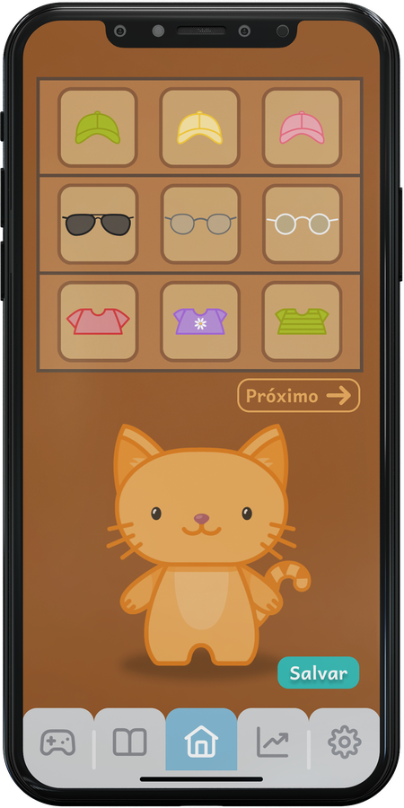 Companion app screen for customizing the mascot with hats, glasses, and shirts