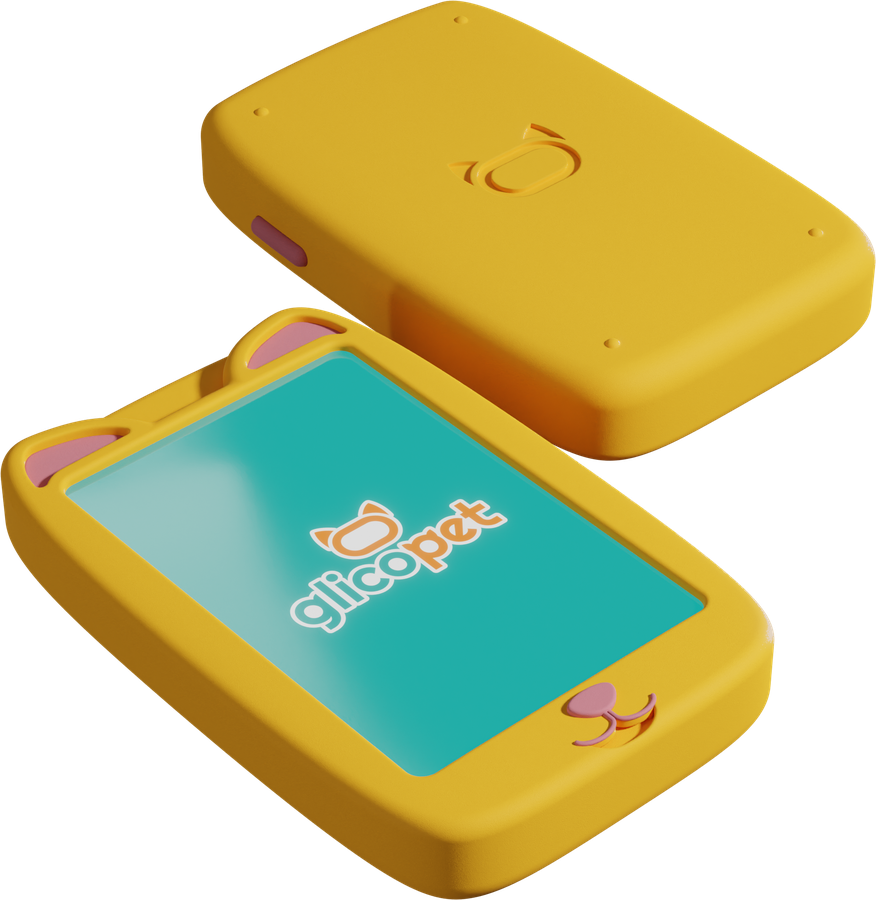 Glicopet glucometer device, closed and open, showing its cat-ear silicone case