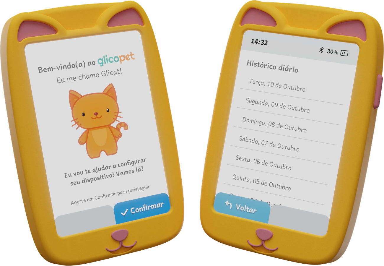 Device screens: first-time setup with the Glicopet mascot and daily history log