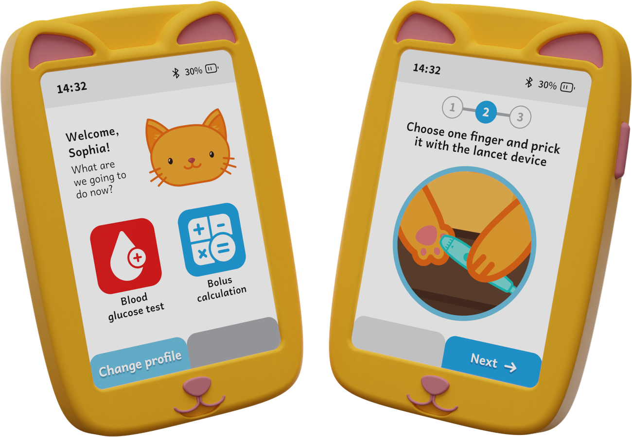 Device screens: welcome message and blood glucose test step-by-step instructions