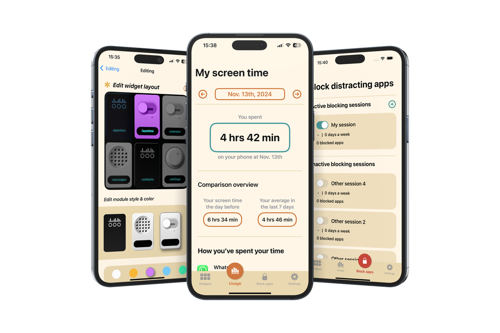 Final UI screens: editing the widget layout and module style, screen time overview with usage comparison, and blocking distracting apps with active and inactive sessions