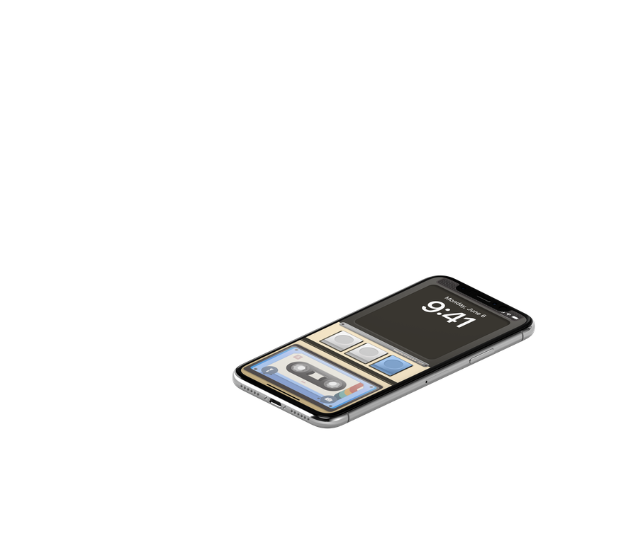 The widget set on an iPhone lock screen alongside a cassette-tape music player module