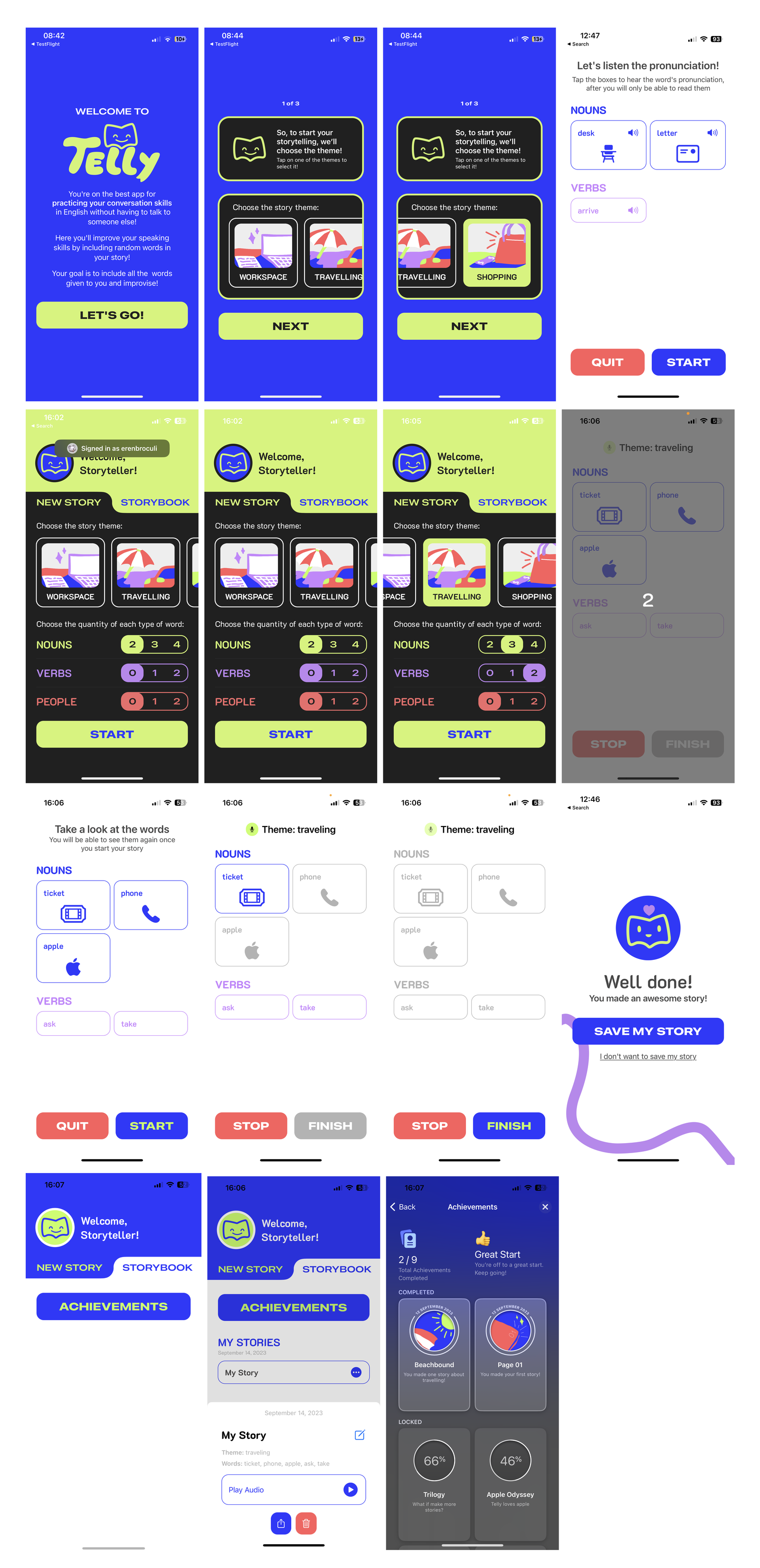 Telly app screens: onboarding, theme and word selection, story creation, pronunciation practice, achievements, and storybook