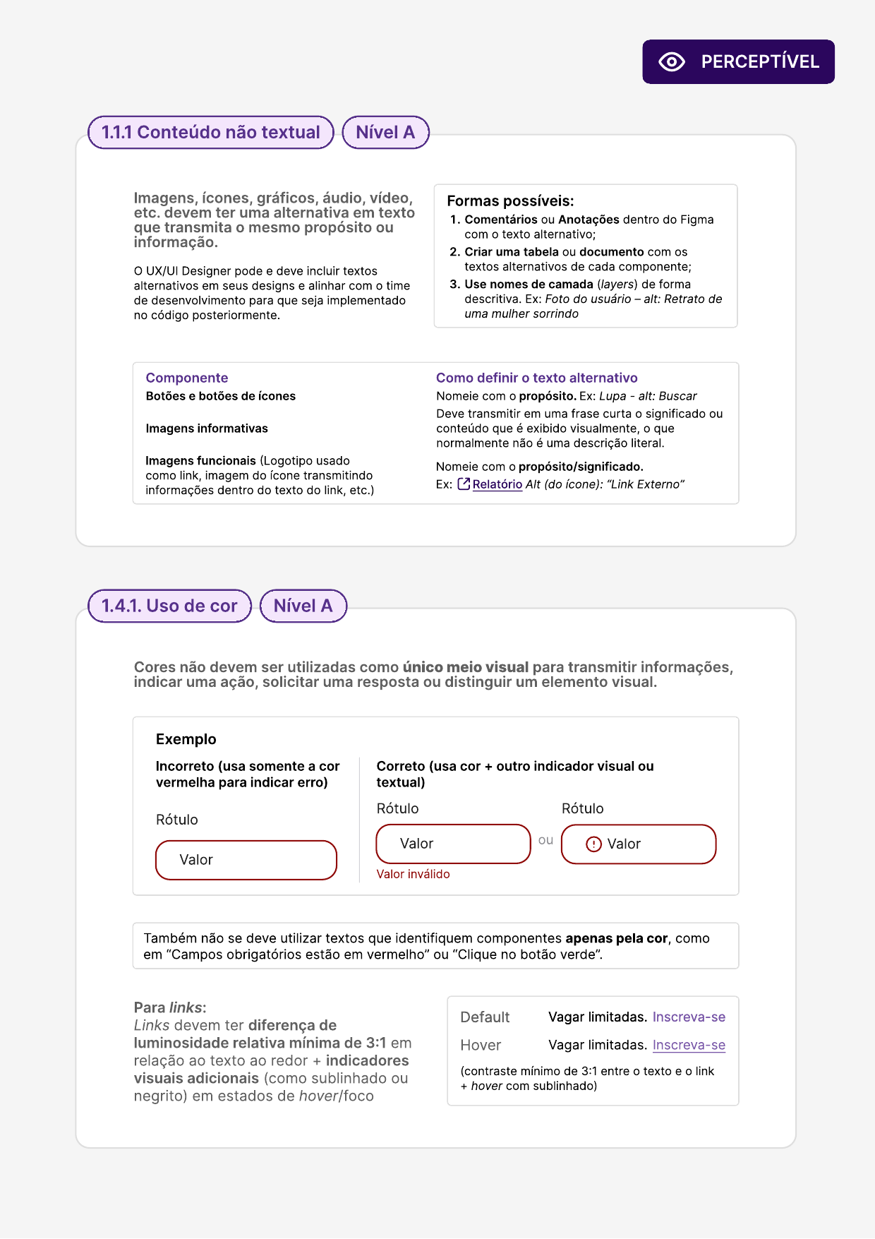Página 2 do guia: critérios Perceptível 1.1.1 e 1.4.1