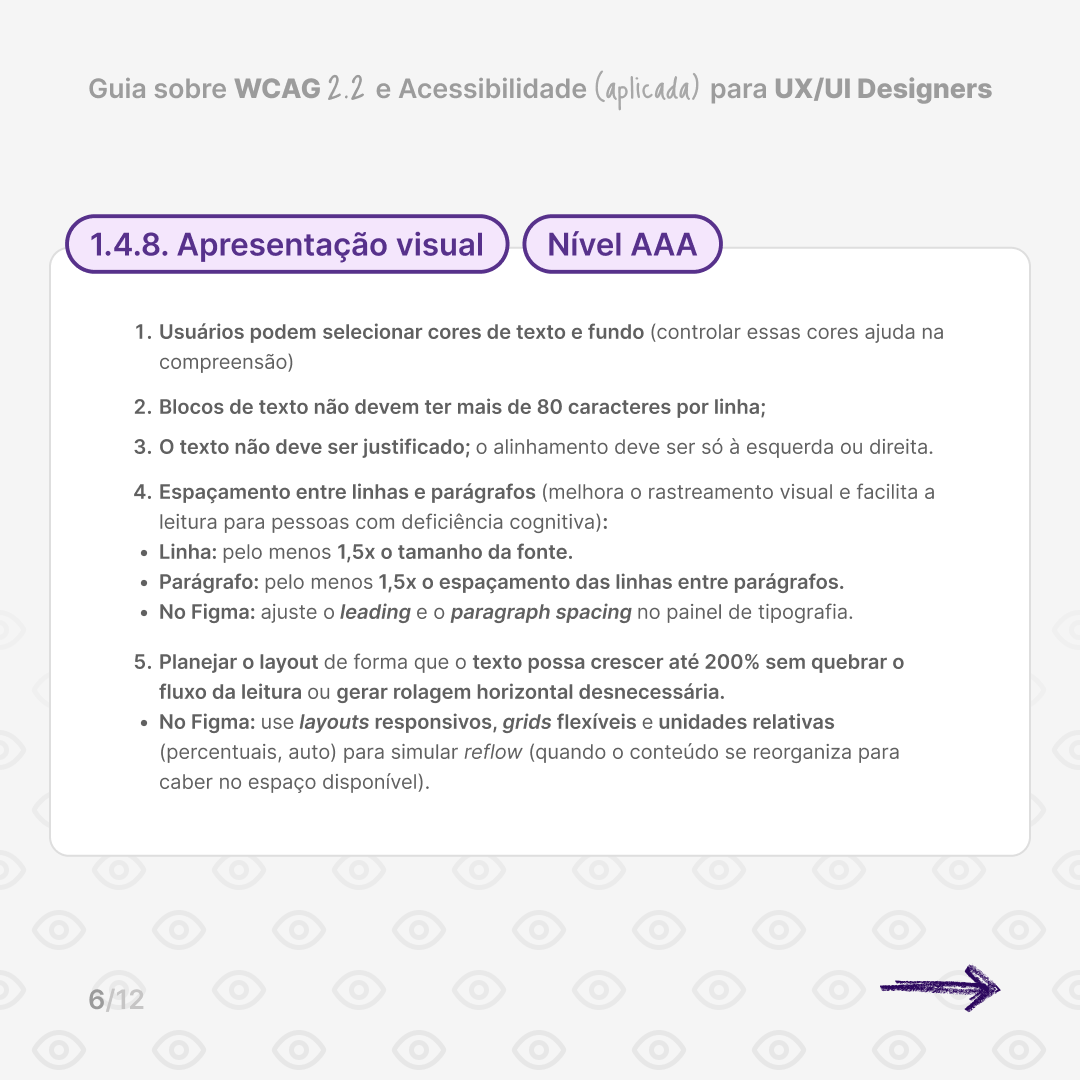 Slide on criterion 1.4.8 Visual Presentation (Level AAA): line length, text alignment, and line/paragraph spacing guidance